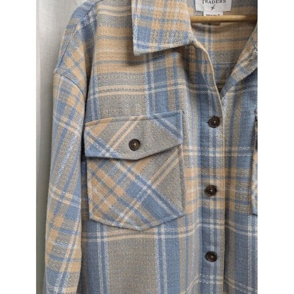 Boston Traders women's XL blue tan white plaid shacket earth tones button G7 - Picture 4 of 10
